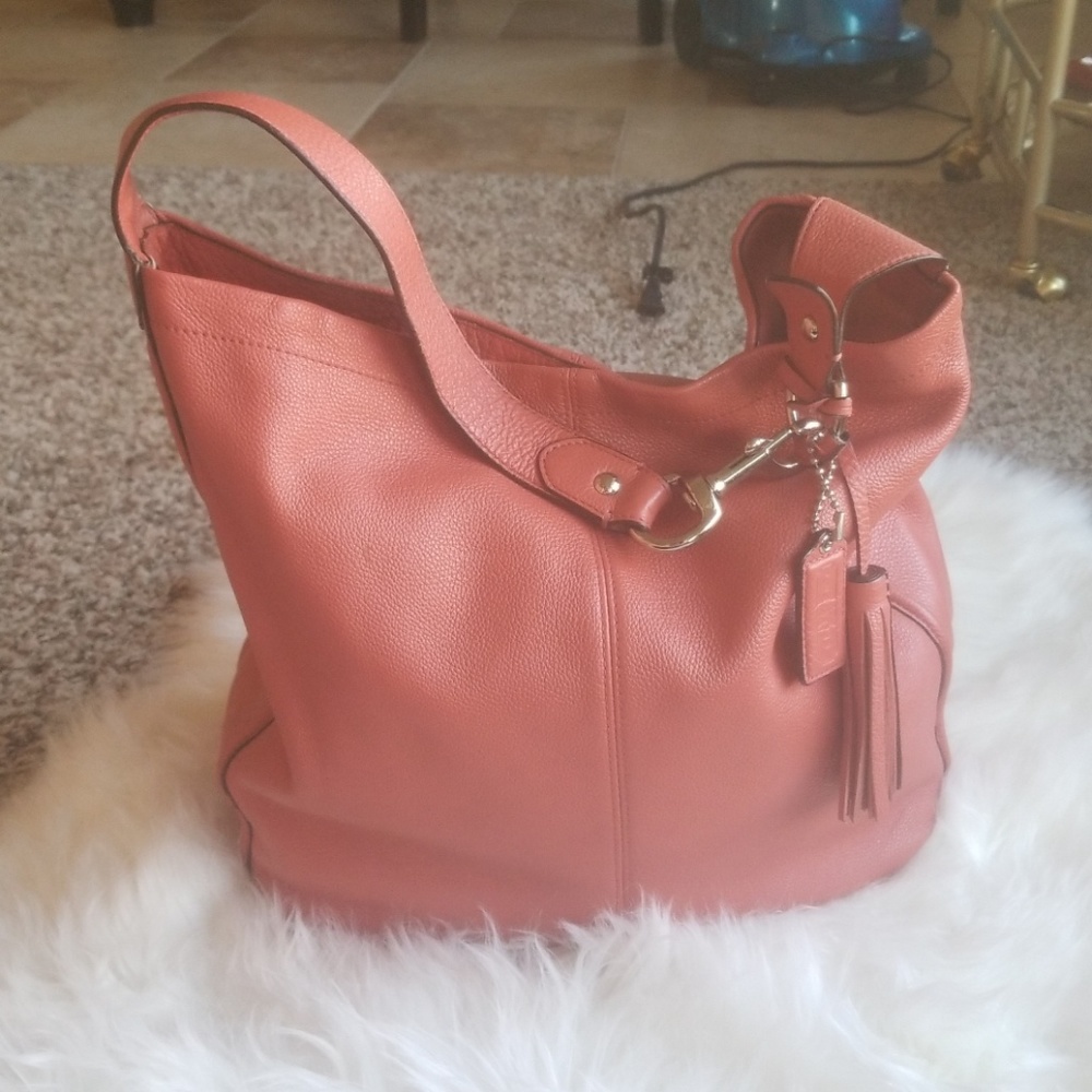 Coral Coach Purse Pebbled Leather Large Handbag